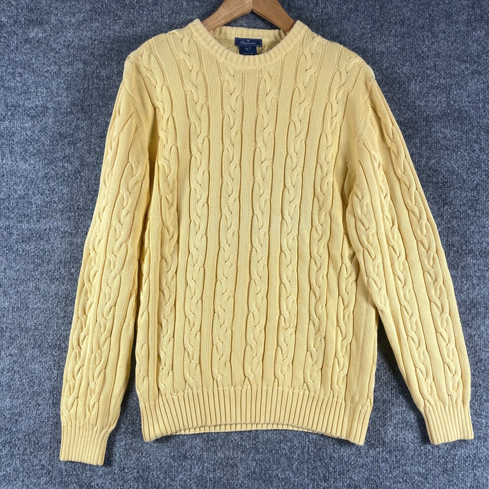 Faconnable Sweater Mens Medium Yellow Cable Knit Cotton Long Sleeve Italy Heavy